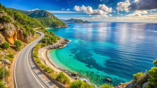 A winding road snakes through a lush landscape, revealing a breathtaking vista of turquoise waters stretching towards a horizon kissed by a vibrant blue sky.