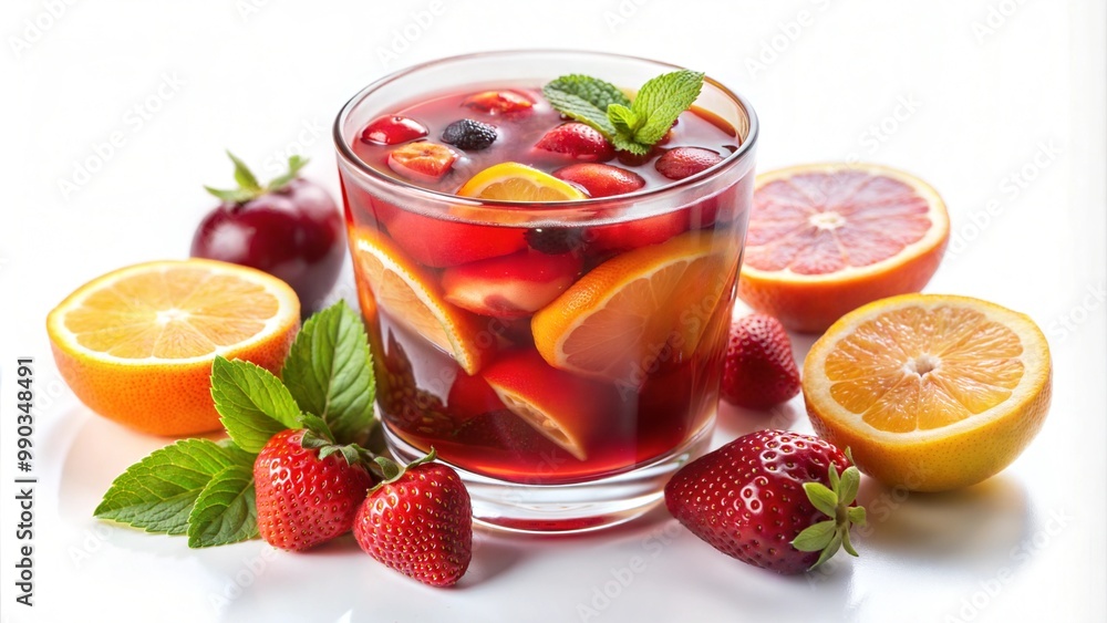 Refreshing Glass of Fruit Punch with Fresh Fruits and Mint Leaves, Vibrant Summer Scene. fruit punch on a white background Refreshing Glass of Fruit Punch with Fresh Fruits and Mint Leaves, Vibrant Summer Scene. fruit punch on a white background