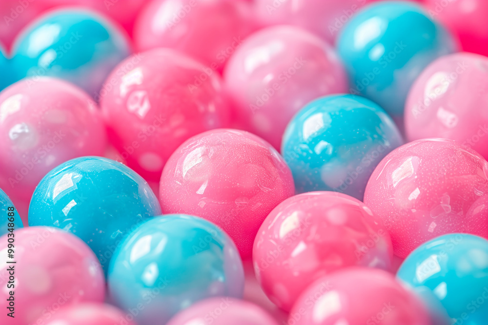 Closeup of vibrant pink and blue gumballs with a glossy texture. Concept of sweetness and childhood nostalgia Closeup of vibrant pink and blue gumballs with a glossy texture. Concept of sweetness and childhood nostalgia