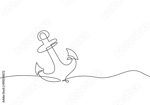 Continuous One Line Drawing of Sea Anchor. Vector Line Art Drawing of Anchor Black Isolated on White Background.