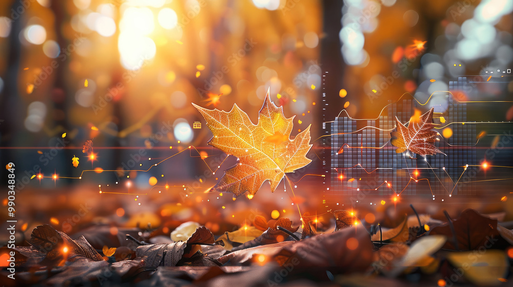 Autumn leaves falling, transforming into digital graphs and charts symbolizing growth and progress. The background features a vibrant summer landscape, with the leaves and digital elements. Autumn leaves falling, transforming into digital graphs and charts symbolizing growth and progress. The background features a vibrant summer landscape, with the leaves and digital elements.