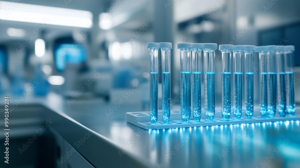 Two test tubes filled with bubbling liquid in a high-tech laboratory, illuminated by blue light, highlighting scientific research and innovation.
Two test tubes filled with bubbling liquid in a high-tech laboratory, illuminated by blue light, highlighting scientific research and innovation.