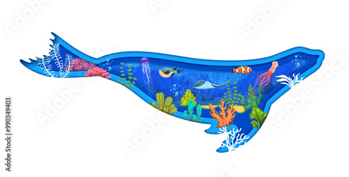 Seal silhouette with underwater landscape. 3d vector paper cut frame in shape of ocean animal body with cartoon serene aquatic vegetation and fauna, seaweeds, bubbles and fish, squid, stingray in sea