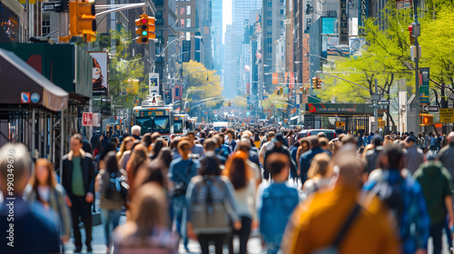 Crowds of busy people walking through the intersection of 5th Avenue and 23rd Street in Manhattan, New York City photo