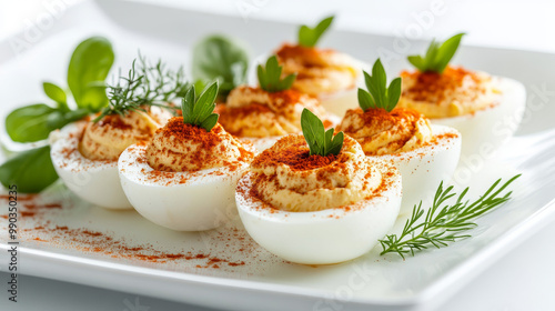 Delicious deviled eggs garnished with crispy bacon bits and chopped green onions, offering a savory twist to the classic appetizer. 