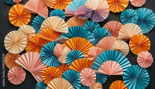 Artistic swirl of paper fans in a cybernetic-toned installation, viewed from above, weaving a vibrant visual narrative with a complementary color scheme