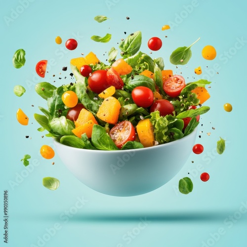 Vibrant salad with fresh greens and colorful vegetables floating in the air, perfect for healthy food concepts.