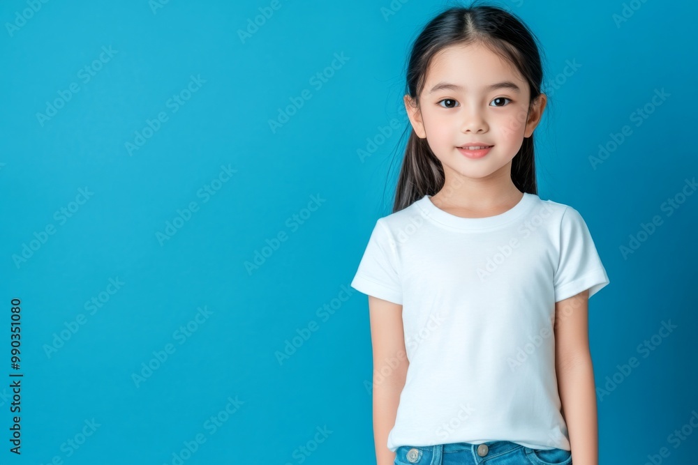 cute asian girl child in white t-shirt mockup smiling against blue studio background cute asian girl child in white t-shirt mockup smiling against blue studio background