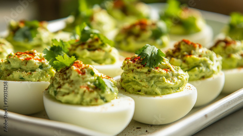 Creamy avocado deviled eggs topped with fresh cilantro and a sprinkle of paprika, offering a healthy and flavorful twist on the classic appetizer. 