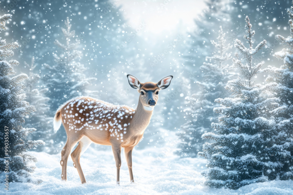 A serene winter scene featuring a spotted deer amidst snow-covered trees, evoking tranquility and beauty in nature. A serene winter scene featuring a spotted deer amidst snow-covered trees, evoking tranquility and beauty in nature.