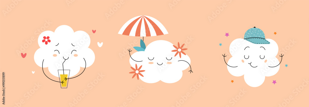 Set of summer cute clouds with lemonade, beach umbrella and cap. Vector illustration Set of summer cute clouds with lemonade, beach umbrella and cap. Vector illustration