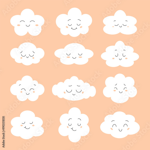 Set of cute clouds with smiling face. Vector illustration.