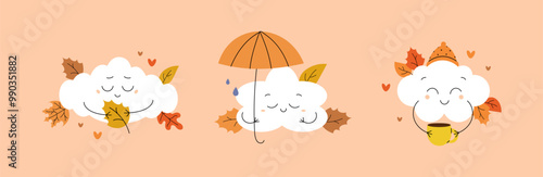 Set of autumn cute clouds with autumn leaf, umbrella and cup. Vector illustration