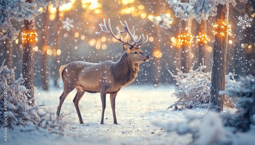 A serene winter scene featuring a deer amidst softly falling snow and illuminated trees, evoking a peaceful, magical atmosphere. A serene winter scene featuring a deer amidst softly falling snow and illuminated trees, evoking a peaceful, magical atmosphere.