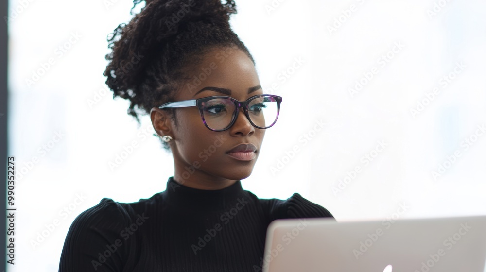 African American Woman in Glasses Focused on Laptop at Desk in Office