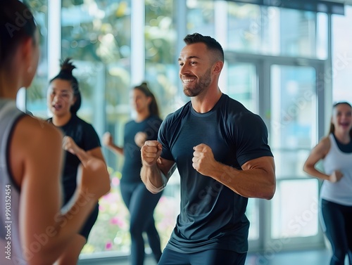 Corporate wellness coach leading energetic group exercise session in office space photo