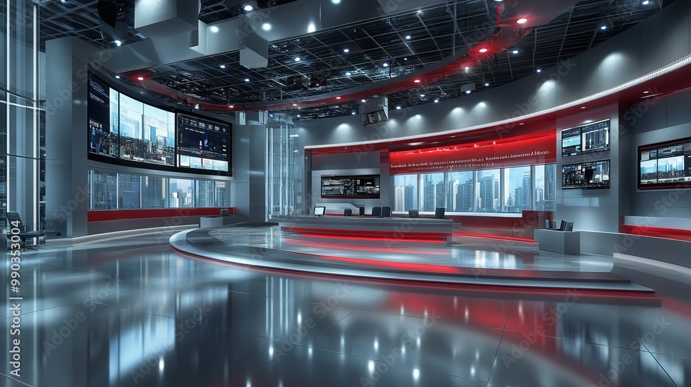 Modern news studio interior with city skyline view during daytime Modern news studio interior with city skyline view during daytime