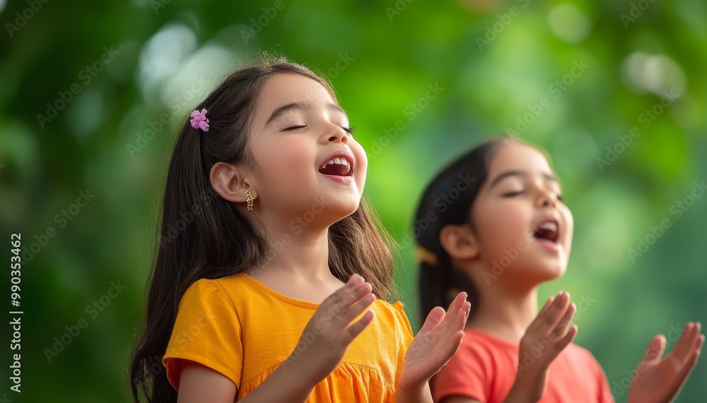 Two Young Girls Singing and Clapping in a Park Two Young Girls Singing and Clapping in a Park