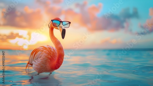 Chic Flamingo in Stylish Cat Eye Glasses Stands Gracefully in a Shallow Lagoon at Sunset