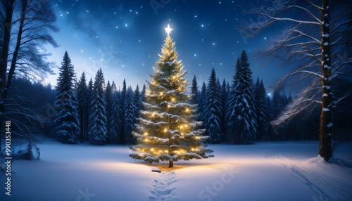 A lone, illuminated Christmas tree stands majestically in a snowy forest, surrounded by soft snowflakes falling gently. Stars twinkle brightly in the night sky, magical winter scene