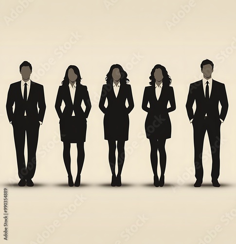 Silhouettes of five professionals in formal attire standing together.