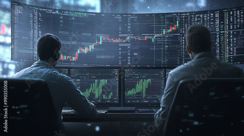 An informative illustration of a forex trading scenario where a trader is unaware of their counterpart, displaying a dynamic forex chart with clear buy and sell indicators, highlig photo