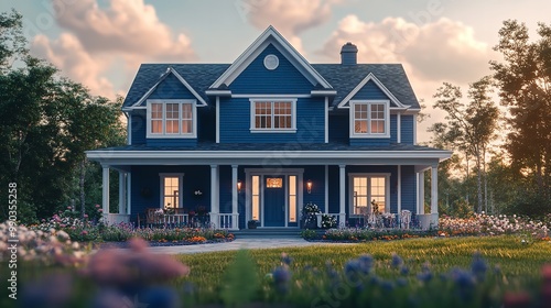 luxury family house with landscaping on the front and blue sky on background