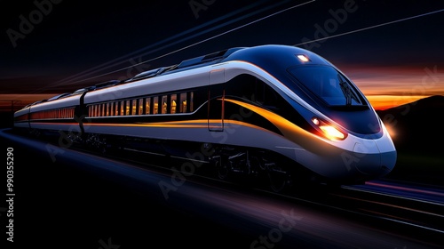 High-Speed Rail at Sunset: Sleek modern train speeding through the night, illuminated by the warm glow of a setting sun. Dynamic motion blur adds to the sense of speed and progress. 