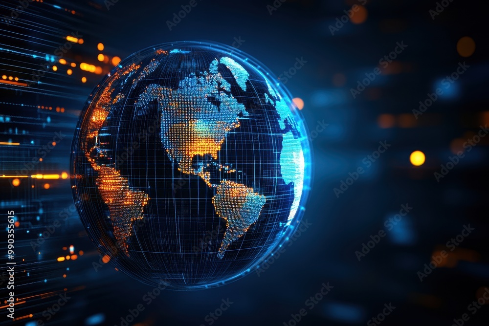 A glowing digital representation of Earth, showcasing continents with vibrant blue and orange lights against a dark background. A glowing digital representation of Earth, showcasing continents with vibrant blue and orange lights against a dark background.