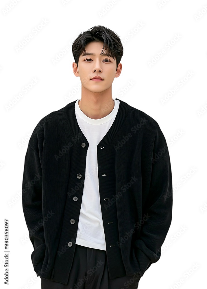 Elegant Man in Casual Black Cardigan Over White Shirt Elegant Man in Casual Black Cardigan Over White Shirt