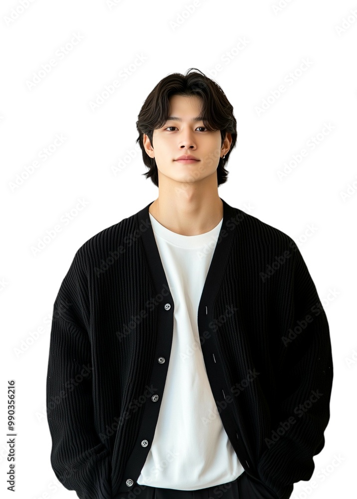Elegant Man in Casual Black Cardigan Over White Shirt Elegant Man in Casual Black Cardigan Over White Shirt