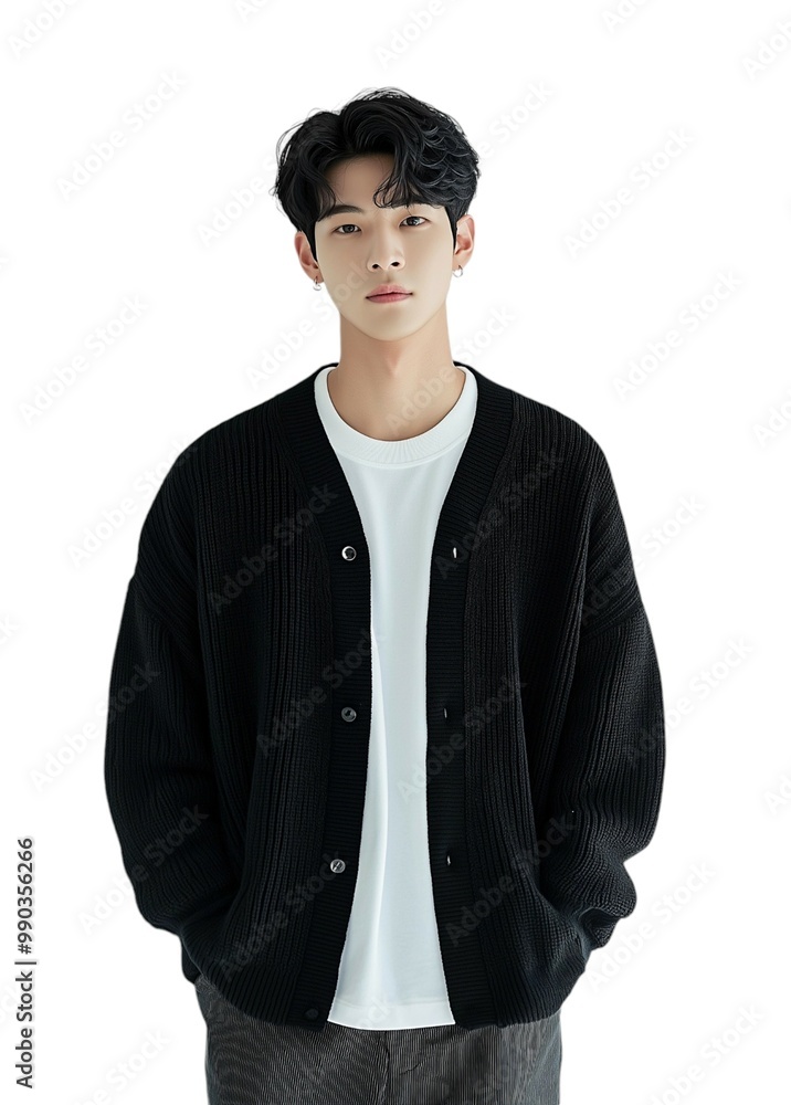 Elegant Man in Casual Black Cardigan Over White Shirt Elegant Man in Casual Black Cardigan Over White Shirt