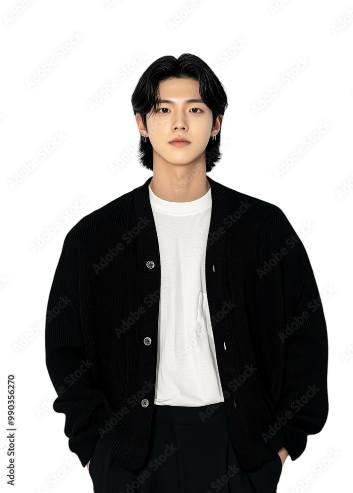 Elegant Man in Casual Black Cardigan Over White Shirt Elegant Man in Casual Black Cardigan Over White Shirt