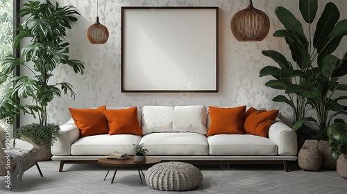 Minimalist Living Room Mockup with Sleek Photo Frame on White Wall and Simple Decor photo