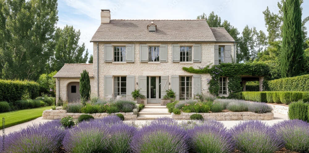 A charming stone house surrounded by lush greenery and vibrant lavender blooms, showcasing a serene, inviting atmosphere. A charming stone house surrounded by lush greenery and vibrant lavender blooms, showcasing a serene, inviting atmosphere.
