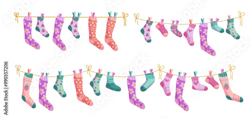 Clothesline socks illustration set. Socks on a rope, Baby socks with patterns vector cartoon.
