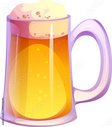 Cartoon beer tankard, frothy mug of golden beer beverage with bubbles rising to the top. Isolated vector transparent cup filled with cold drink, evokes a sense of refreshment, enjoyment and relaxation