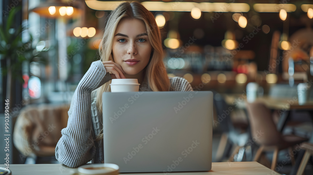 Female coworker using laptop while sitting at modern workspace and drinking coffee to go, businesswoman work processconcept, professional young manger woman working at her office Female coworker using laptop while sitting at modern workspace and drinking coffee to go, businesswoman work processconcept, professional young manger woman working at her office