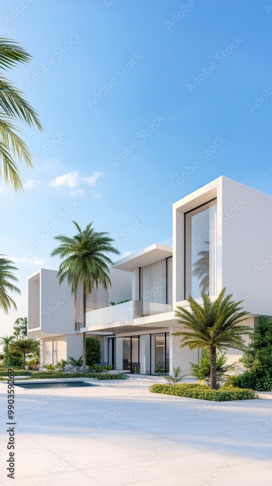 A modern, minimalist house surrounded by palm trees under a clear blue sky, featuring large windows and a sleek design. A modern, minimalist house surrounded by palm trees under a clear blue sky, featuring large windows and a sleek design.