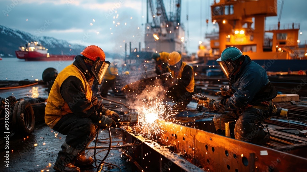 Industrious Workers Building Boat Frame by Water's Edge with Mountain View Industrious Workers Building Boat Frame by Water's Edge with Mountain View