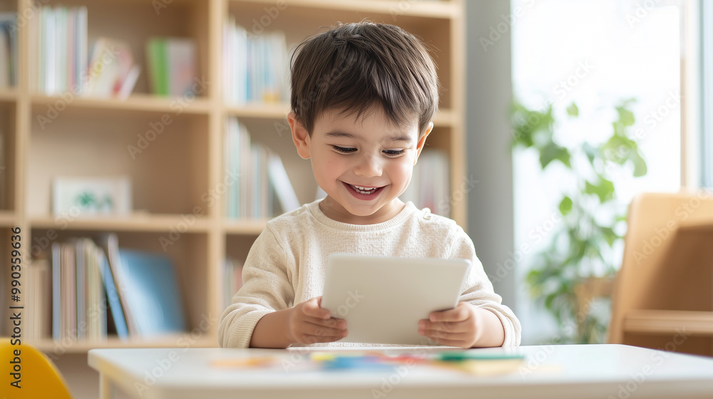 A cheerful young child engaged in a Spanish language learning course, surrounded by colorful educational materials and a tablet, with a bright and inviting classroom setting, showc A cheerful young child engaged in a Spanish language learning course, surrounded by colorful educational materials and a tablet, with a bright and inviting classroom setting, showc