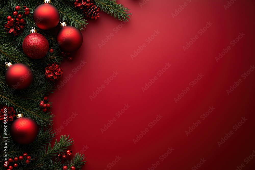Festive Pine Branches on Red Background Festive Pine Branches on Red Background