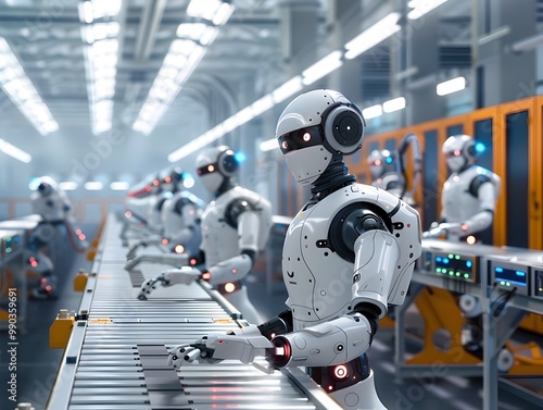 Robotic Technician Programming Collaborative Robots on Assembly Line in Smart Factory