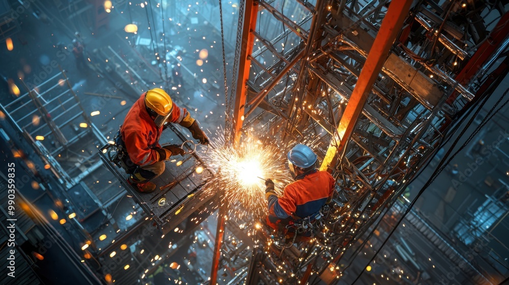Industrial Welders Working on Tall Construction Tower with Bright Welding Torches Illuminating the Scene Industrial Welders Working on Tall Construction Tower with Bright Welding Torches Illuminating the Scene