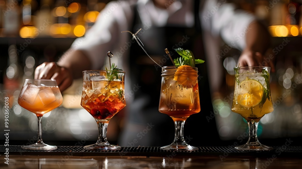 Obraz premium Brandy Cocktail Crafting in a Modern Bar with Mixologist Using Fresh Ingredients and Intricate Garnishes