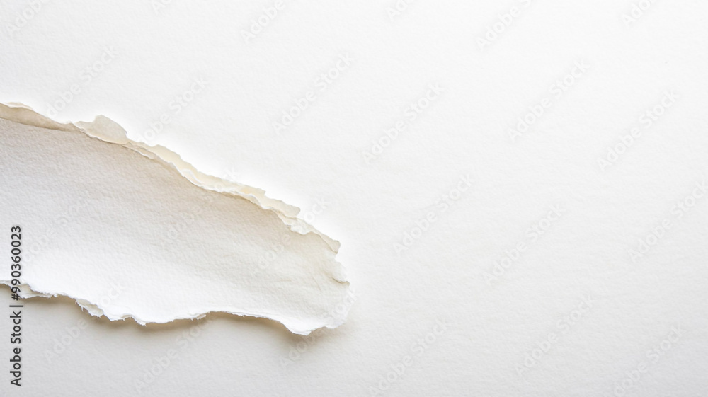 Torn white paper strip lying over a plain white background in a minimalistic setting Torn white paper strip lying over a plain white background in a minimalistic setting