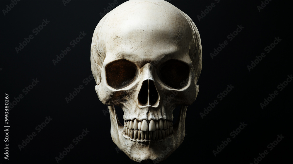 Human skull, isolated, front view with intricate bone details Human skull, isolated, front view with intricate bone details