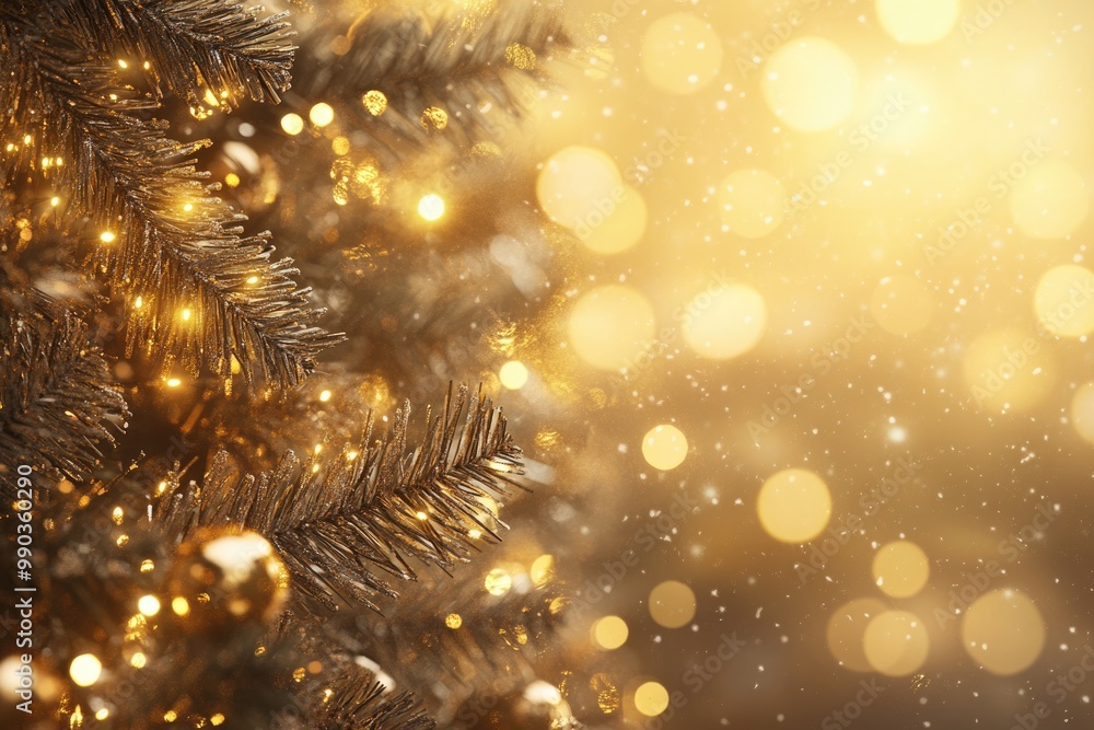 Golden Christmas lights and decorated tree on festive background. Golden Christmas lights and decorated tree on festive background.
