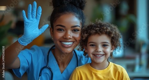 Smiling healthcare worker with a child in a friendly setting. photo