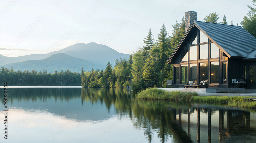 Naklejka premium A wide-angle shot of a luxurious Adirondack-style lake house, showcasing its large windows, rustic wooden beams, and stunning views of tall pine trees and a serene mountain backdro